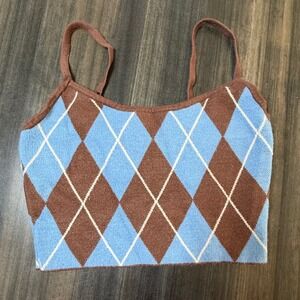 Kendall &‎ Kylie Argyle Crop Top Knit Sleeveless Blue Brown Small